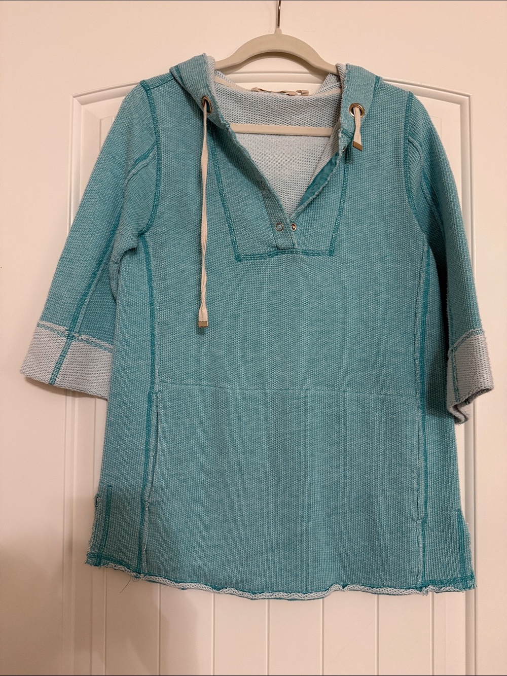 Soft Surroundings Teal Hooded V-Neck Tunic Sweater